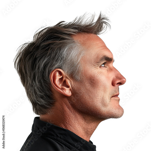 Side view portrait of mature man with stylish gray hair on transparent background, isolated profile shot capturing confidence, elegance, and timeless charm