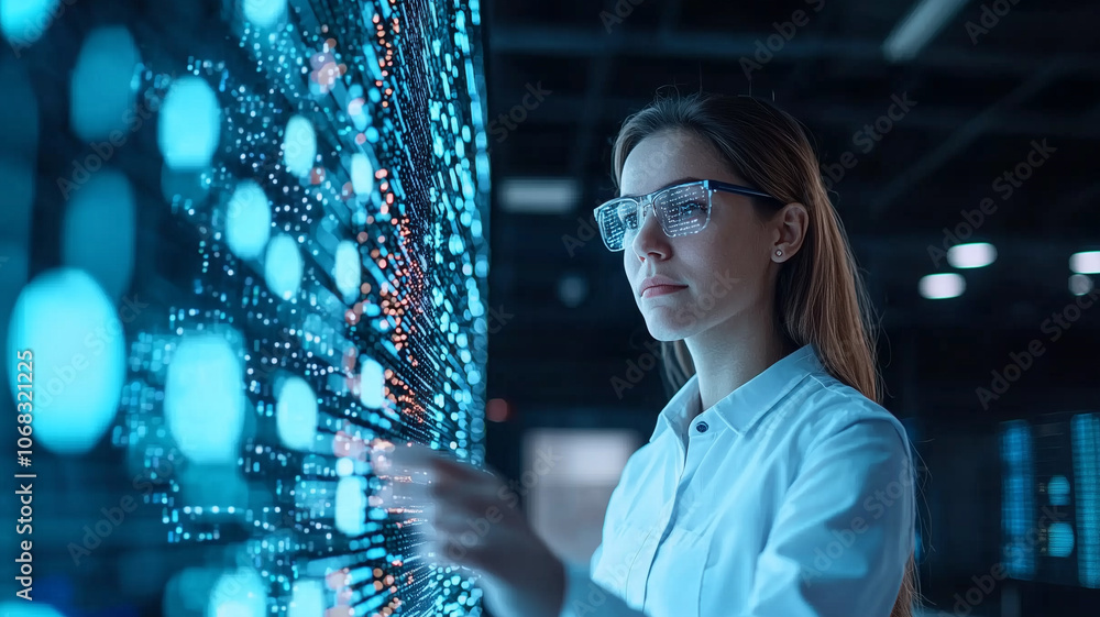 female technician interacts with digital interface, focusing intently on data analysis in high tech environment. scene is illuminated by blue lights, highlighting futuristic setting female technician interacts with digital interface, focusing intently on data analysis in high tech environment. scene is illuminated by blue lights, highlighting futuristic setting