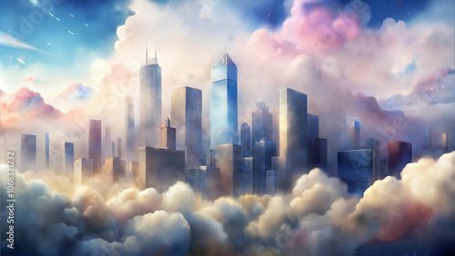 Wallpaper Mural Watercolor cityscape with skyscrapers emerging from clouds, showcasing urban beauty, blurring the line between urban and sky Torontodigital.ca