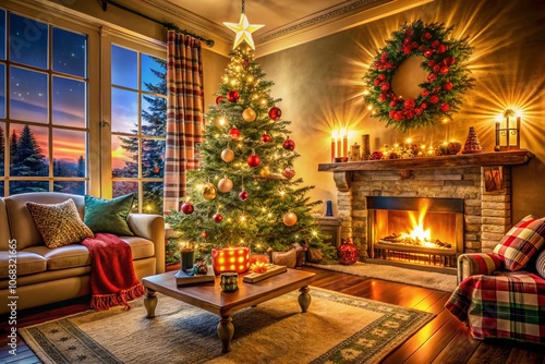 Cozy Living Room with a Beautifully Decorated Christmas Tree Surrounded by Warm Lights and Festive Decorations for a Perfect Holiday Atmosphere