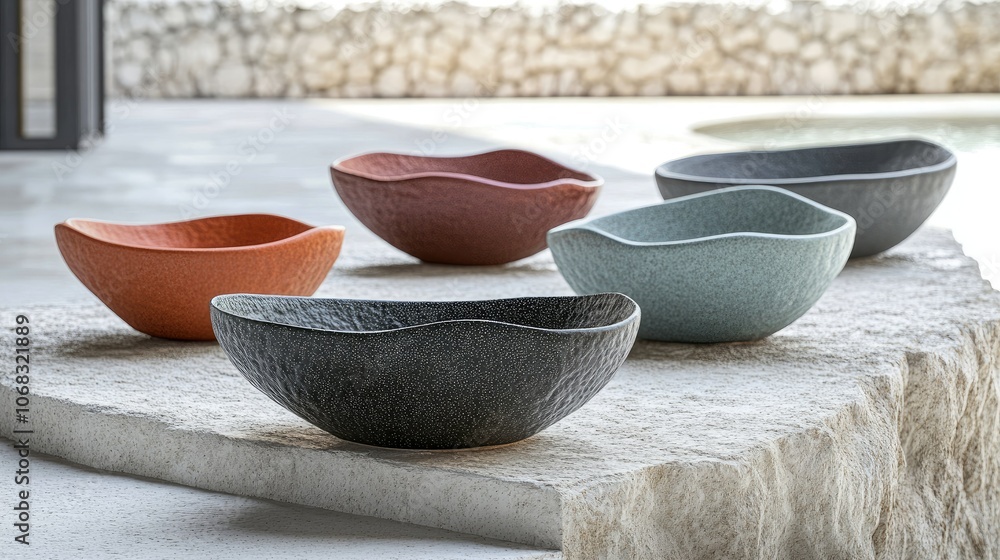 Elegant Bowls on Stone Table in Modern Setting Elegant Bowls on Stone Table in Modern Setting