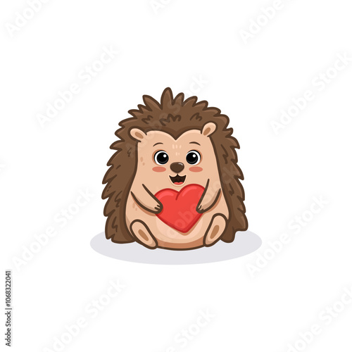 hedgehog with red  heart. Cute cartoon hedgehog isolated on white background. Postcard for Valentine's Day. Vector illustration