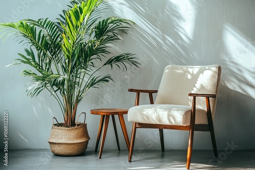 a chair next to a potted plant in a room