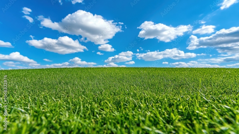 Green grass field with blue sky and white clouds; nature landscape background Green grass field with blue sky and white clouds; nature landscape background