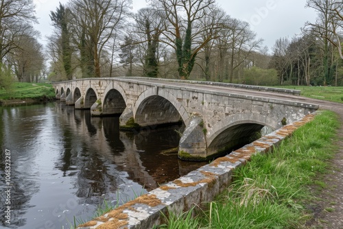 A historic stone bridge arches over a serene river surrounded by lush greenery on a calm day in a tranquil countryside setting