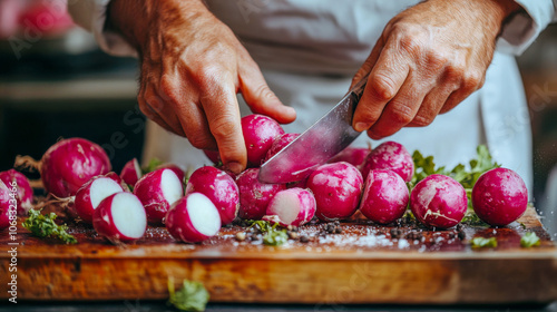 Chef's hands cutting fresh radishes on a wooden board in the kitchen