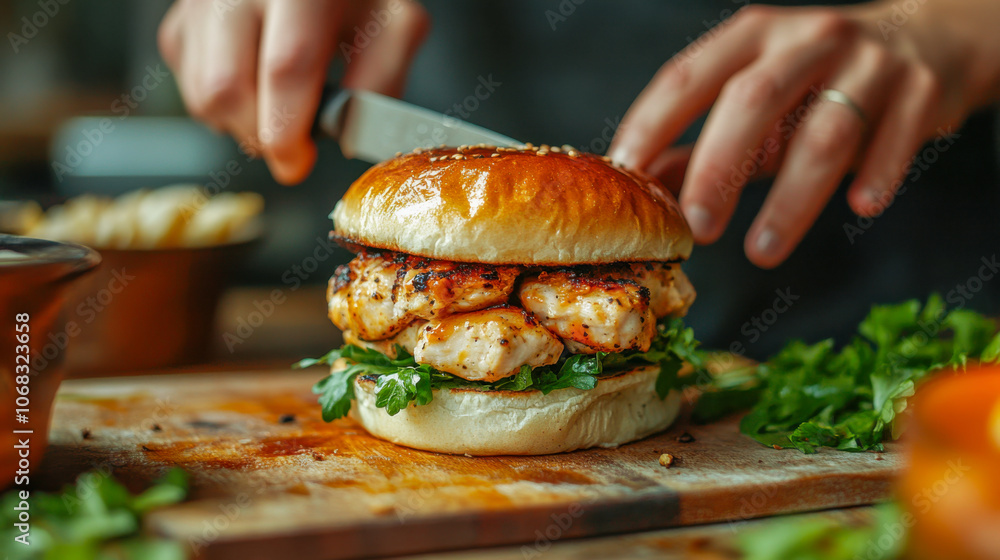 Close-up of a grilled chicken burger being sliced on a wooden board Close-up of a grilled chicken burger being sliced on a wooden board