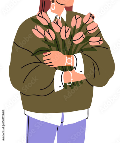 Woman holding tulip bunch, spring blossoms in hands. Beautiful floral bouquet...