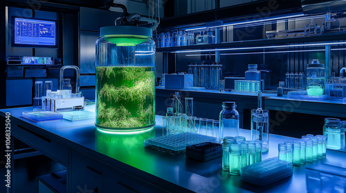 A high tech laboratory on bioluminescent packaging and natural, biodegradable polymers. Biopolymer samples in futuristic laboratory
 photo