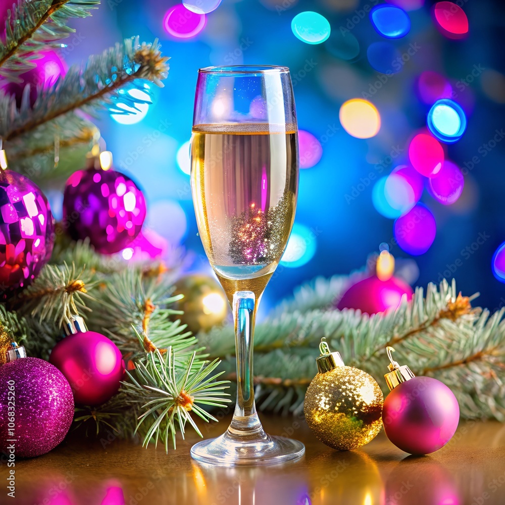 Christmas still life with champagne glass and festive decorations on colorful bright background with glitter sparkle bokeh. New Year and Christmas holiday template design, celebration, congratulation. Christmas still life with champagne glass and festive decorations on colorful bright background with glitter sparkle bokeh. New Year and Christmas holiday template design, celebration, congratulation.
