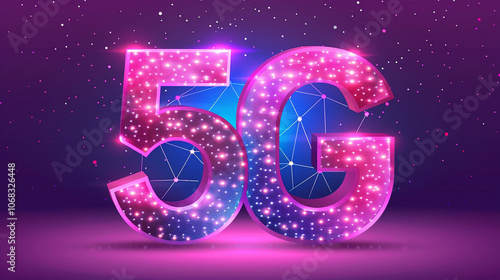 Glowing 3D 5G symbol on purple background with network connection pattern.