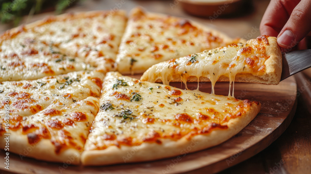 Freshly baked cheese pizza sliced and served on a wooden board Freshly baked cheese pizza sliced and served on a wooden board