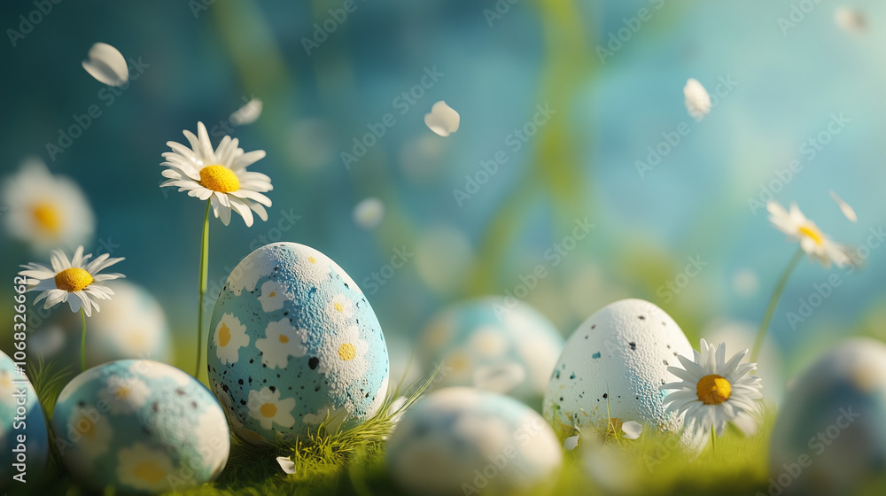 Pastel blue Easter eggs with delicate floral patterns surrounded by daisies on a soft, natural background Pastel blue Easter eggs with delicate floral patterns surrounded by daisies on a soft, natural background