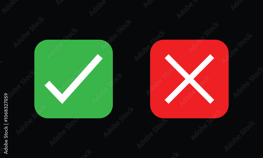 Check mark icon button set. Check box icon with right and wrong buttons and yes or no checkmark icons in green tick box and red cross. Eps 10. Check mark icon button set. Check box icon with right and wrong buttons and yes or no checkmark icons in green tick box and red cross. Eps 10.