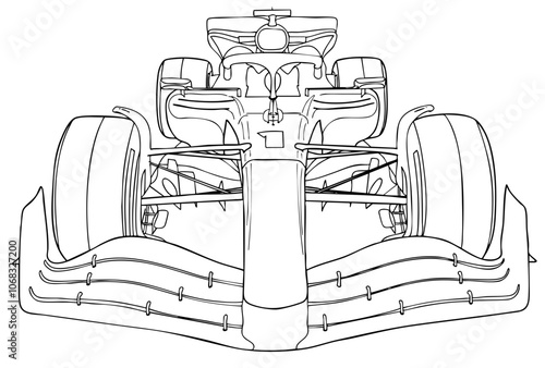 F1 race car, front view, detailed line art, vector file
