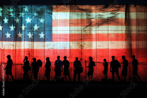 Black human silhouettes against the background of the US flag.