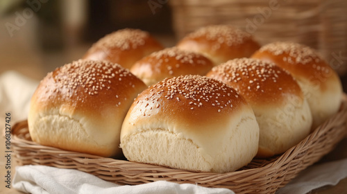 Soft and fluffy sesame topped bread rolls in a woven basket, freshly baked golden buns with smooth crust texture