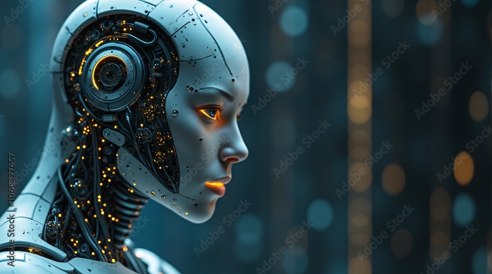 Close-up of a humanoid robot with glowing orange circuits and intricate mechanical parts on a dark background. Advanced AI and futuristic technology concept for digital art and wallpaper. Close-up of a humanoid robot with glowing orange circuits and intricate mechanical parts on a dark background. Advanced AI and futuristic technology concept for digital art and wallpaper.