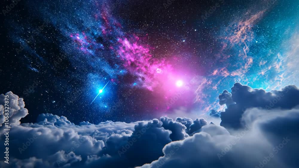 deep space with planet star light glowing at horizon and cosmic cloud floating around
deep space with planet star light glowing at horizon and cosmic cloud floating around