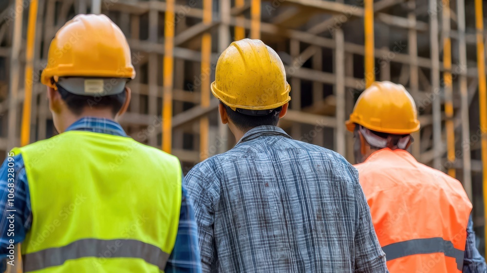A group of workers wearing safety helmets and vests, observing a construction site with scaffolding in the background. A group of workers wearing safety helmets and vests, observing a construction site with scaffolding in the background.