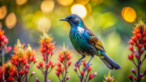 Tui Bird on a Flowering Flax Bush with Bokeh Effect in New Zealand, Showcasing Vibrant Colors and Natural Beauty of Native Wildlife in a Lush Green Environment