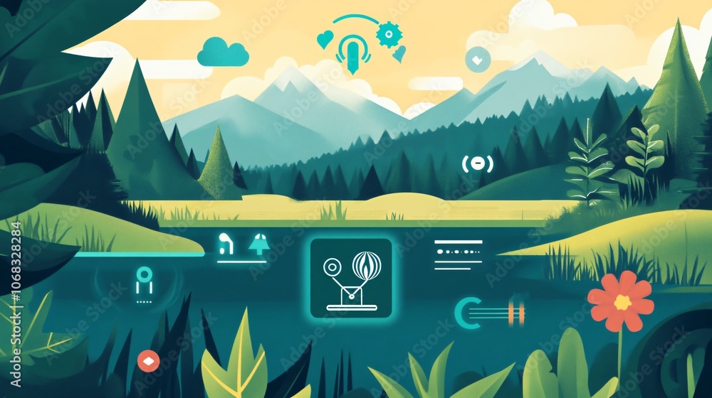 Naklejka premium Nature and Technology Integration - A Serene Landscape with Digital Elements