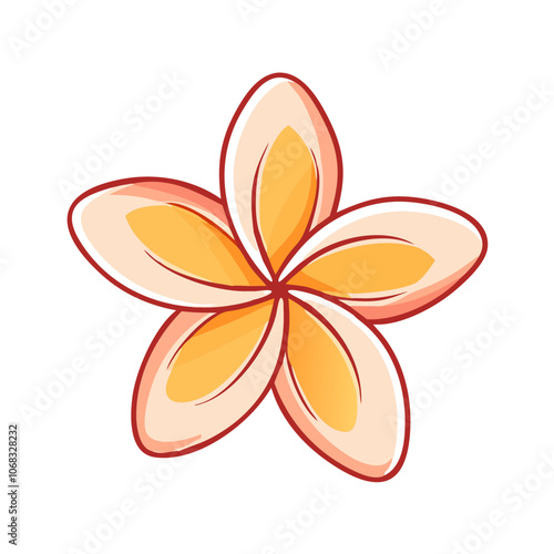 Single yellow and orange plumeria flower vector illustration with red outline, perfect for tropical designs, summer themes, and Hawaiian vacation graphics