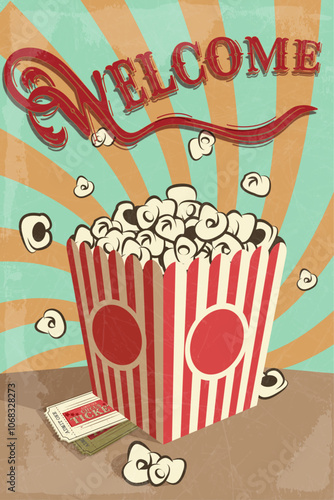 poster with welcome and popcorn in retro style