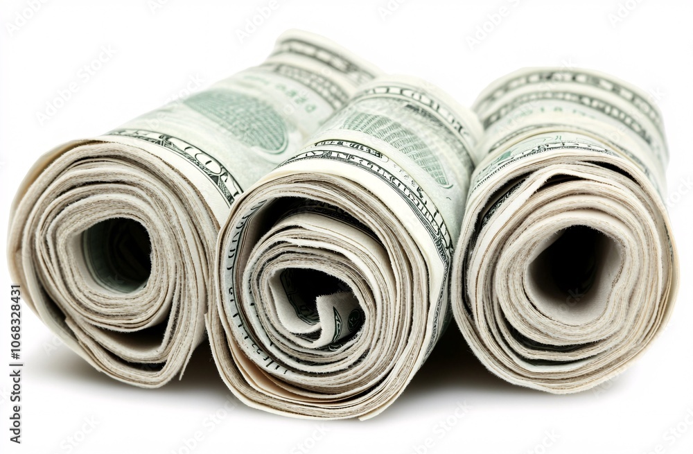 Rolled currency bills arranged neatly on a white surface symbolizing wealth and financial planning Rolled currency bills arranged neatly on a white surface symbolizing wealth and financial planning
