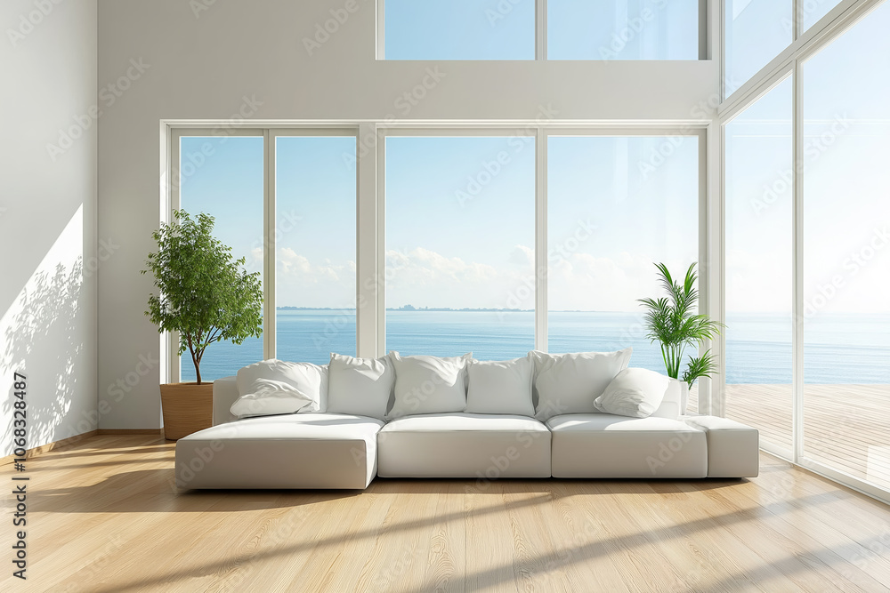 Fototapeta premium Minimalist living room with ocean view and large windows