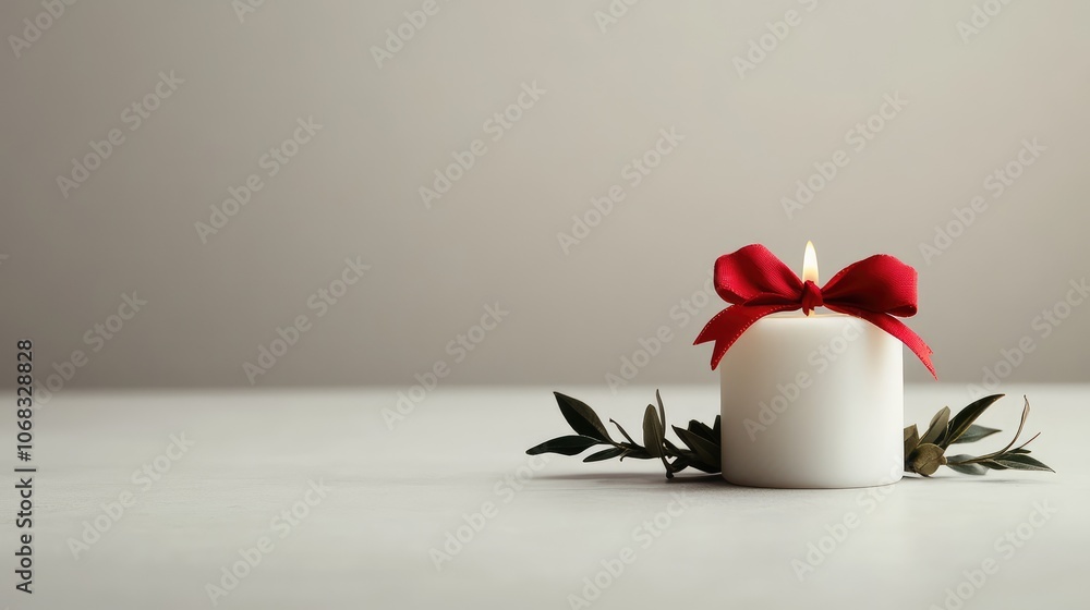 Minimalist holiday candle in white with a small red bow, placed in a clean, uncluttered setting. Minimalist holiday candle in white with a small red bow, placed in a clean, uncluttered setting.