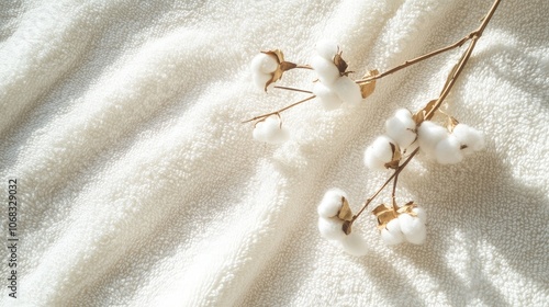 Soft Cotton Branch on Cozy Fabric Background
