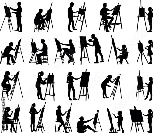 Set of 22 item drawing artist silhouette vector illustration