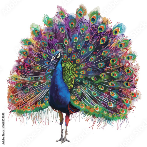 Colorful peacock isolated on white background. Watercolor illustration. 