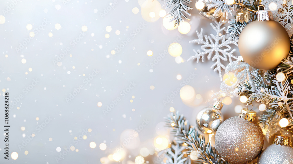 Fototapeta premium Elegant Christmas decorations featuring silver and gold ornaments, snowflakes, and twinkling lights against a soft, blurred background