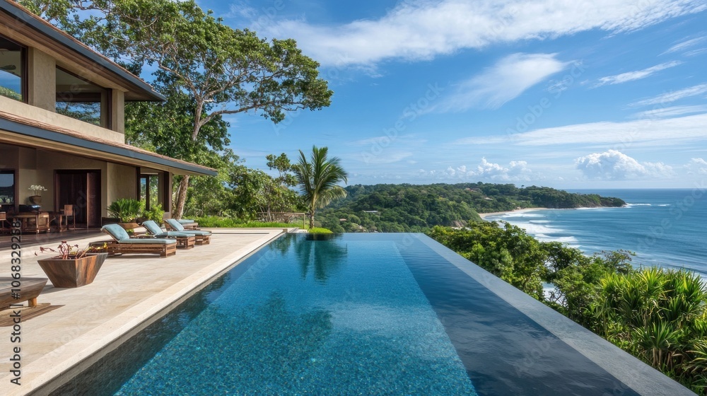 Luxurious beach house with infinity pool overlooking the ocean, tropical landscape - Luxurious beach house with infinity pool overlooking the ocean, tropical landscape -