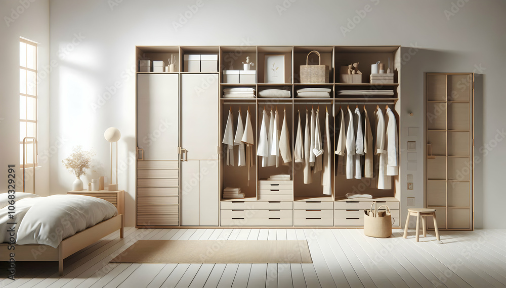 15 Present a Muji-style wardrobe with clean lines and minimalist handles set against a white backgro3 15 Present a Muji-style wardrobe with clean lines and minimalist handles set against a white backgro3