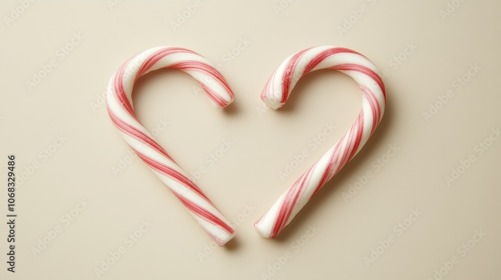 Two candy canes arranged in a heart shape on a neutral background, emphasizing simplicity in holiday design. Two candy canes arranged in a heart shape on a neutral background, emphasizing simplicity in holiday design.