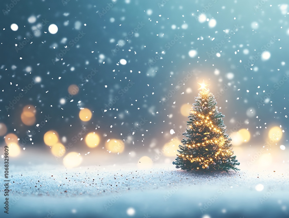 Illuminated Christmas Tree in Snowy Landscape with Falling Snow and Bokeh Lights Illuminated Christmas Tree in Snowy Landscape with Falling Snow and Bokeh Lights