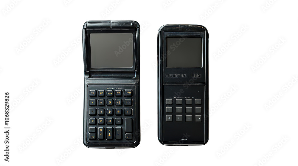Pair of retro handheld calculators with clamshell design, showcasing vintage technology and nostalgic appeal of early personal electronics. Pair of retro handheld calculators with clamshell design, showcasing vintage technology and nostalgic appeal of early personal electronics.