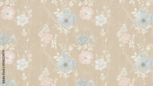 wallpaper with a flower and plant theme with a cream colored background