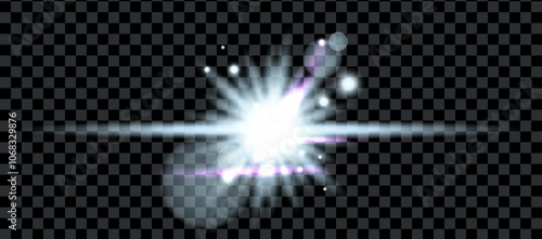 Silver star burst of light, cold sunrise, light photographic effect with sequins, rays and bokeh. Energy explosion, lens flare. Vector png illustration.