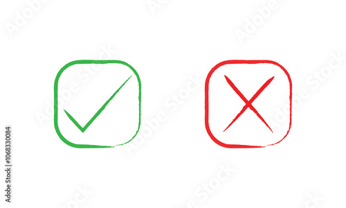 Check mark icon button set. Check box icon with right and wrong buttons and yes or no checkmark icons in green tick box and red cross. Eps 10.