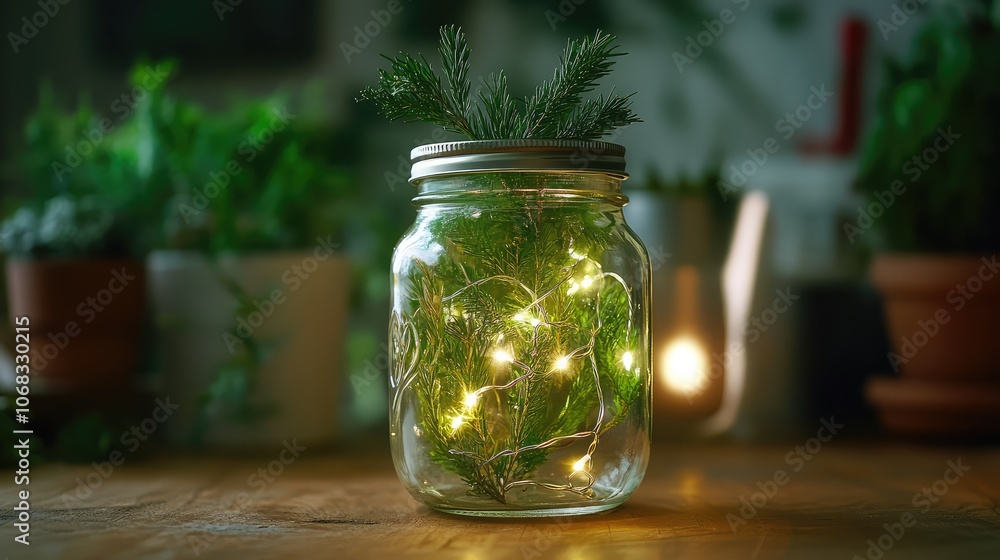 Glass jar with tiny Christmas lights and greenery, creating a reusable and eco-friendly holiday decoration. Glass jar with tiny Christmas lights and greenery, creating a reusable and eco-friendly holiday decoration.