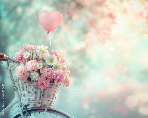 vintage bicycle with a basket full of pastel-colored flowers and a small heart-shaped helium balloon tied to the handlebars, romantic outdoor scene with subtle background blur