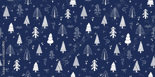 seamless pattern, Fir tree, stars, dots, snow,  line drawing. Holiday elements are isolated on blue background. Simple shape conceptfor winter season card, for  party banner, print. art illustration photo