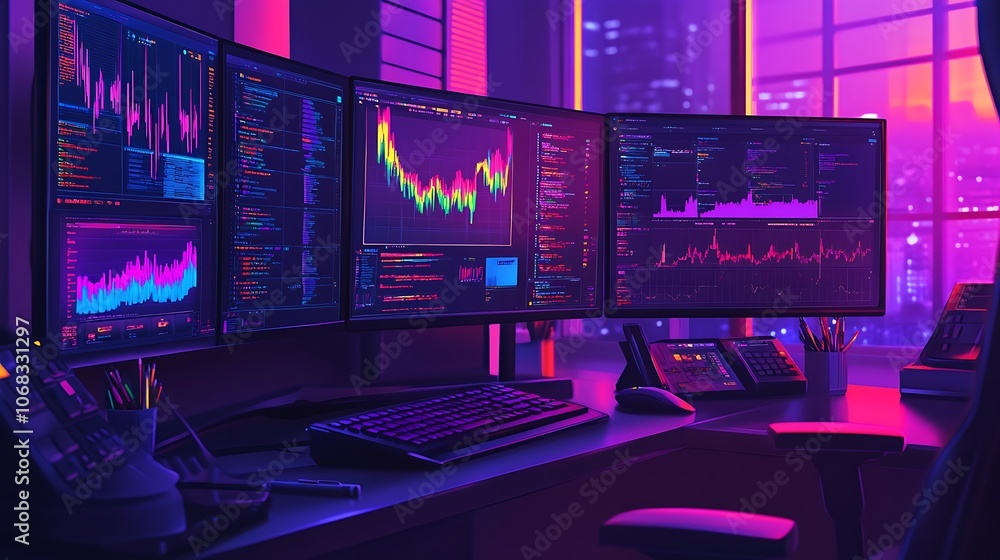 Neon-Lit Workspace with Multiple Monitors Displaying Data and Code Neon-Lit Workspace with Multiple Monitors Displaying Data and Code