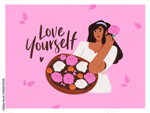 Card design about love yourself, self acceptance for Women's Day. Happy girl holds festive bouquet of peonies. Young woman with flower bunch, rose posy. Holiday postcard. Flat vector illustration