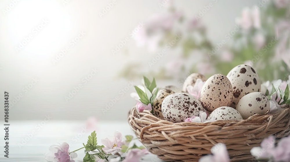Obraz premium Quirky Eggs in a Basket Surrounded by Flowers