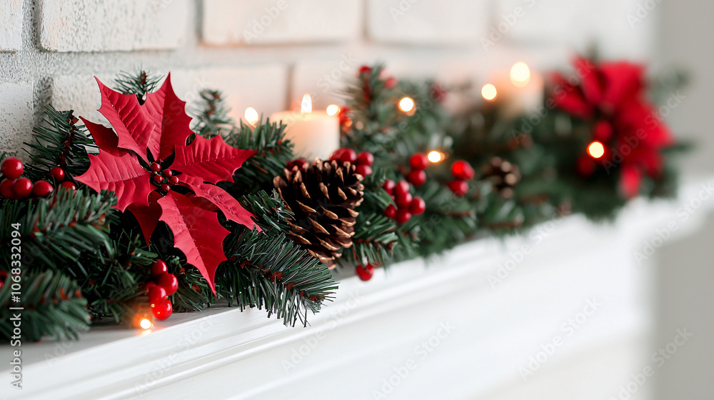 festive Christmas garland adorned with red poinsettias, pine cones, and glowing candles creates warm holiday atmosphere. vibrant colors and soft lights enhance seasonal charm festive Christmas garland adorned with red poinsettias, pine cones, and glowing candles creates warm holiday atmosphere. vibrant colors and soft lights enhance seasonal charm